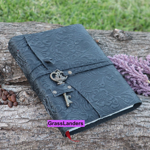 Black Floral - Embossed Leather Journal | A5 Size