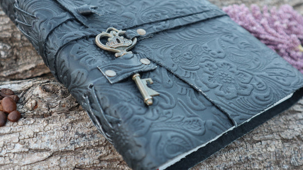 Black Floral - Embossed Leather Journal | A5 Size