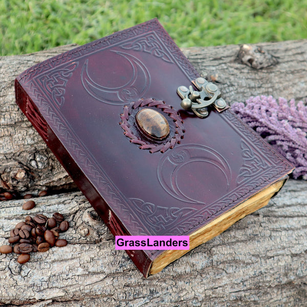 Brown Triple Moon Leather Journal | 5 Stone Choices