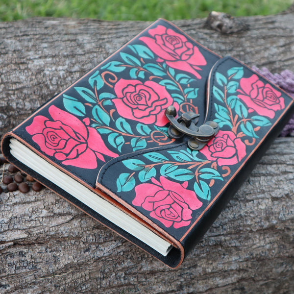 Rose and Leaves A5 Leather Journal | 4 Stone Options