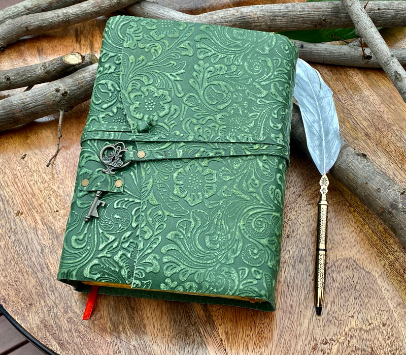 New 10" Green- Embossed Leather Journal