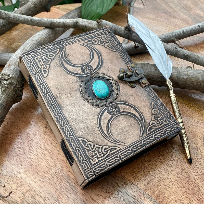 A5 Antique Triple Moon Goddess Leather Journal | 4 Stone Options