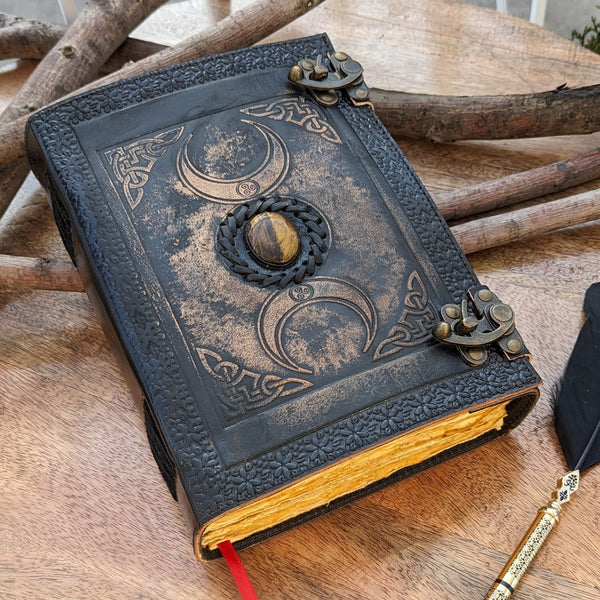 10" Black Triple Moon Goddess Leather Journal | 4 Stone Options