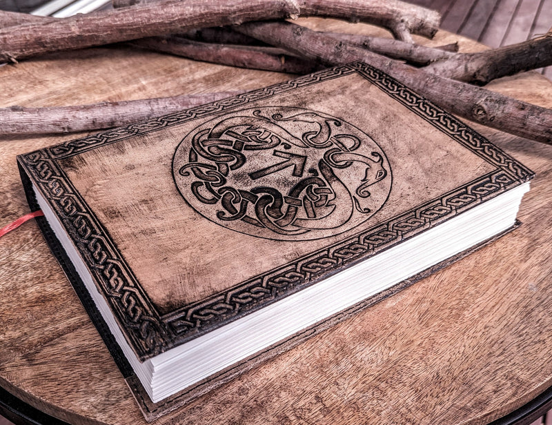 12" Nordic Dragon Leather Journal | 400 White Pages | Extra Large Size