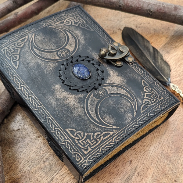 Midnight Triple Moon Leather Journal | 4 Stone Choices