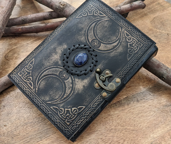 Midnight Triple Moon Leather Journal | 4 Stone Choices