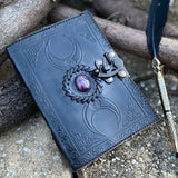 Black Triple Moon Leather Journal | 4 Stone Choices