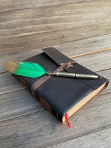 GrassLanders Leather Journal Parrot Green Retractable Feather Pen | 7 Coloured Feathers