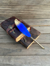 GrassLanders Leather Journal Royal Blue Retractable Feather Pen | 7 Coloured Feathers